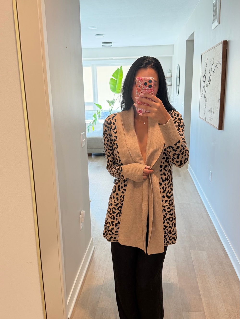 Beige Leopard-Print Open Front Cardigan Sweater